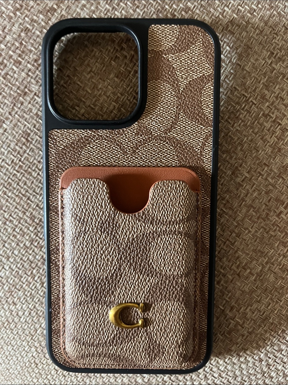 16 Pro Max Coach Beige/Brown Signature Card Pocket iPhone Case with Gold 'C'